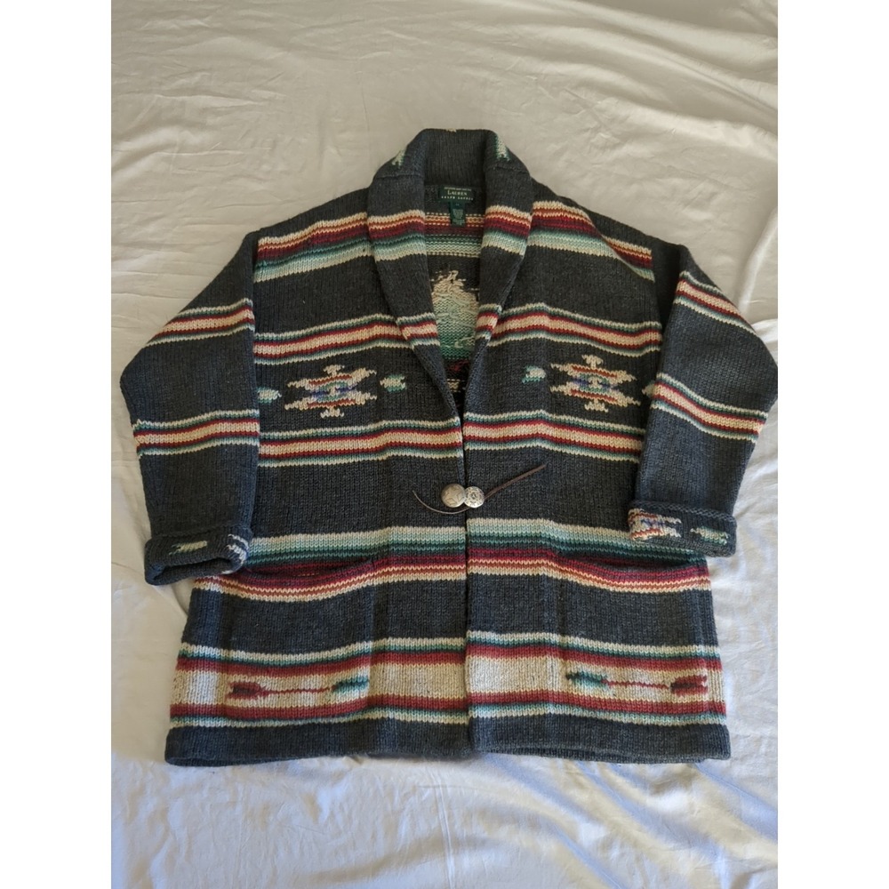 Ralph Lauren Wool Aztec Native Hand Knit Cardigan Sweater Shawl Collar Medium
